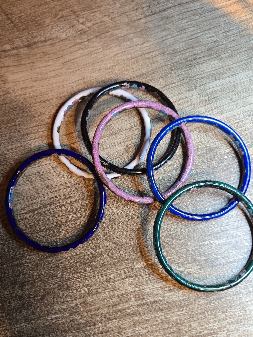 Vintage Chinese Cloisonné Floral Enamel Bangle Bracelets - Set of 6 Stacking